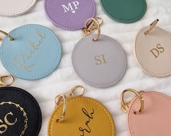 Personalised Circle Keyring, Monogram Key Clip, Faux Leather Bag Charm, Initials Keychain, Round Keyring, Gift for Her, Birthday, Bridesmaid