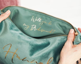 Custom Bridesmaid Proposal Make Up Bag / Personalised Velvet Bridesmaid Pouch / Hidden Message Accessory Case / Thank You Gift