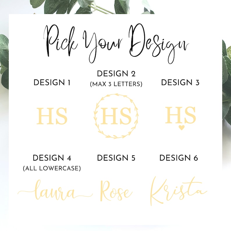 Pu&ograve; includere: Sei diverse opzioni di design per un monogramma o un nome. I design 1, 2 e 3 presentano le lettere "HS" in stili diversi. I design 4, 5 e 6 presentano i nomi "laura", "Rose" e "Krista" in uno stile di scrittura a mano.