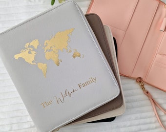 Personalised Family Travel Organiser, Passport travel wallet, PU Leather travel document wallet, Travel lover gift, Holiday Organiser