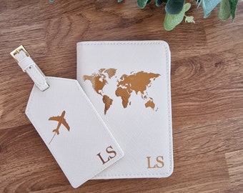 Personalised Passport Holder Set, Personalised Passport Cover, Personalised Luggage Tag, Travel Set, Bridesmaid, Gift for Her, Wedding, Map