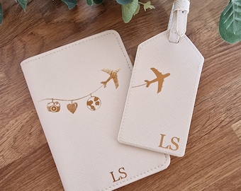 Conjunto personalizado de titulares de pasaportes, cubierta de pasaporte personalizada, etiqueta de equipaje personalizada, conjunto de viaje, regalo para ella, boda, avión