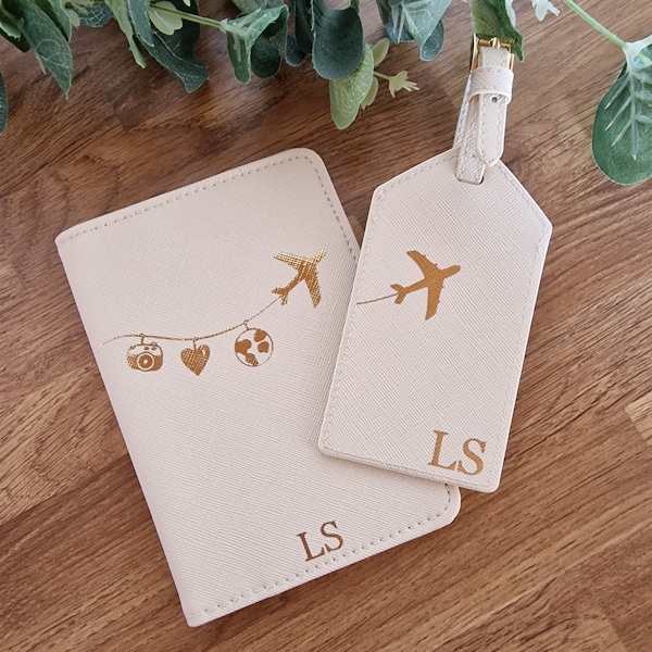 Personalised Passport Holder Set, Personalised Passport Cover, Personalised Luggage Tag, Travel Set, Gift for Her, Wedding, Aeroplane