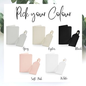 May include: Six passport holders and luggage tags in different colors: grey, oyster, black, soft pink, and white.  Pick your color.