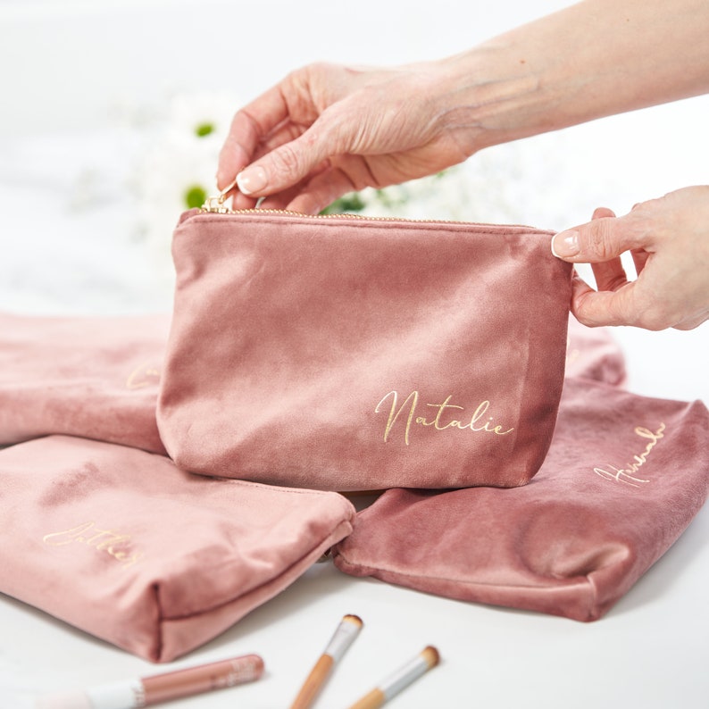 Personalised Velvet Make Up Bag / Custom Velvet Bridesmaid Pouch / Velvet Accessory Case image 1