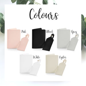 May include: Six passport holders and luggage tags in different colors: pink, black, grey, white, and oyster. Each set includes a passport holder and a matching luggage tag.