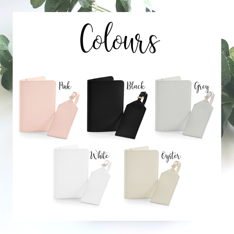 May include: Six passport holders and luggage tags in different colors: pink, black, grey, white, and oyster. Each set includes a passport holder and a matching luggage tag.