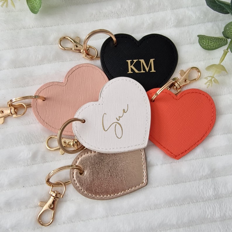 Personalised Heart Keyring, Monogram Heart Key Clip, Faux Leather Bag Charm, Initials Keychain, Gift for Her, Birthday, Bridesmaid Gift image 2