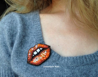 Embroidery brooch orange lips, mouth brooch, feminist pin