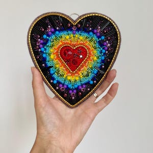 Rainbow heart wall art 15x16cm, hanging heart beads embroidery art work