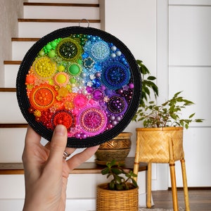 Rainbow wall art Ø6.7&quot;, 17cm, round  beads embroidery, flowers planet art, original piece art hanging, abstract  artwork, circle picture