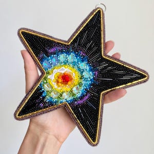 Rainbow star wall art Ø7,5&quot;, 19cm, star beads embroidery, planet art, original piece art hanging, abstract  artwork