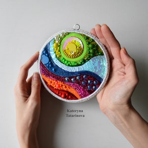 Abstract landscape wall art Ø5.7&quot;, embroidery with beads, abstract art, hanging artwork, round picture