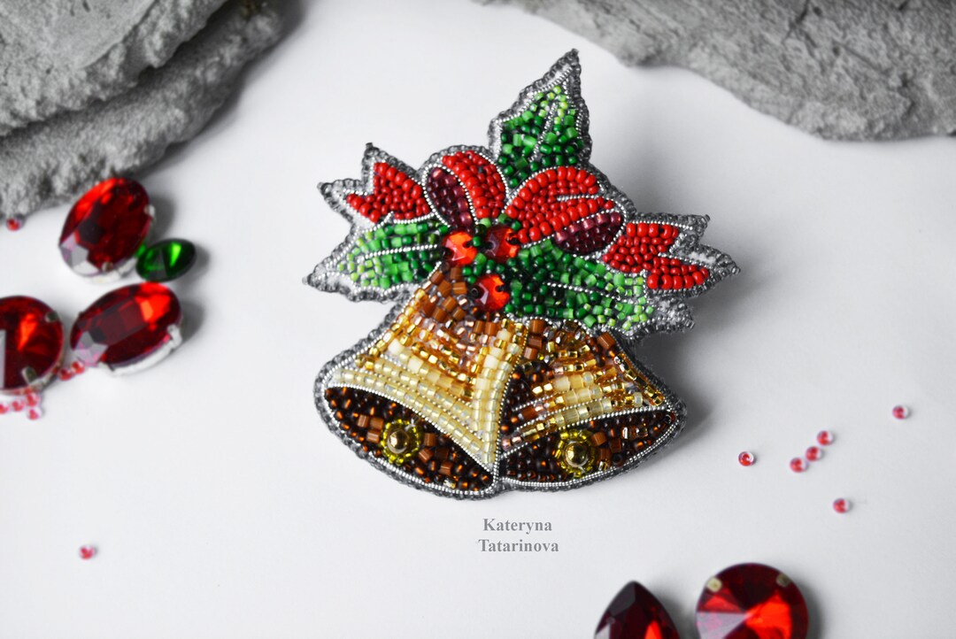 Bright Christmas Pin in the Form of Bells With a Red Bow and Holly ...