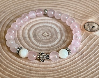 Bracelet pour enfants en quartz rose avec pierre de lune et tortue