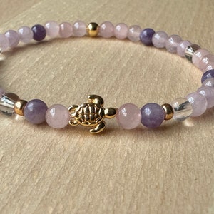 Gemstone beads bracelet kunzite rose quartz lepidolite rock crystal. Healing stone bracelet for love, peace and vitality