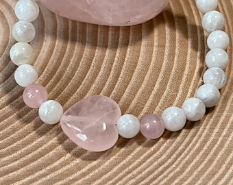 Bracelet Gemstone Pearl Heart en pierre de lune et quartz rose