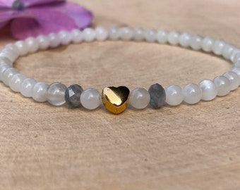 Mondstein AA Qualität Perlen Armband mit goldenem Herzchen und Labradorit, Heilsteinarmband, Perlenarmband