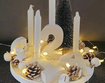 Adventskerzen, zum selber gestalten, auch einzeln, Adventskranz, Weihnachten, Zahlen aus Gießbeton, Gips, Beton, Beleuchtung, Advent, Weiß