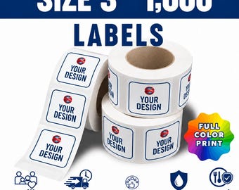 May include: Two rolls of square 3-inch labels with rounded corners, featuring a white background, a blue border, and the text "YOUR DESIGN" below a red and blue circular graphic. A rainbow-colored starburst graphic includes the text "FULL COLOR PRINT".