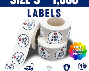 1000 Custom 3 Inch Circle Labels, personalized logo stickers, product packaging labels, full color business labels.