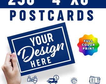 May include: A rectangular postcard with a dark blue background and white border featuring the text YOUR DESIGN HERE in white. The image includes text stating 250 4"X6" POSTCARDS, a rainbow-colored starburst graphic with FULL COLOR PRINT, and icons for family owned, shipping, reviews, and double side print.