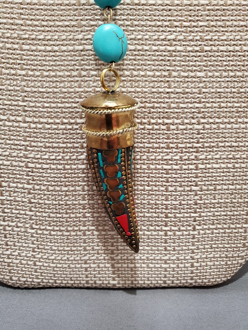 Turquoise Beaded Necklace with Bronze Amulet