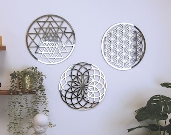 Flower of life 3 set, Sacred Geometry Wall Art, Spiritual Wall Decor, Zen Wall Decor, Torus Wall Hanging, Sri Yantra Wall Hanging,