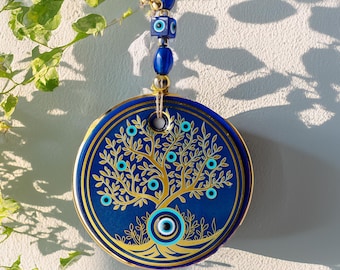 Baum des Lebens Evil Eye Wandbehang, Gold & Blau Nazar Boncugu, Hausschutz Charm, Boho spirituelle Dekoration, Housewarming Geschenk