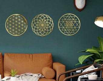 Flower of Life Wall Art, Heilige Geometrie Wall Decor, Mandala Wall Art, Spirituele Wall Art, Geometrische Wall Art, Set van 3 Wall Art