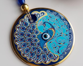 Pfau Evil Eye Wandbehang, Gold & Blau Nazar Boncugu, Boho Wohnkultur, spiritueller Schutz Charm, viel Glück Geschenk