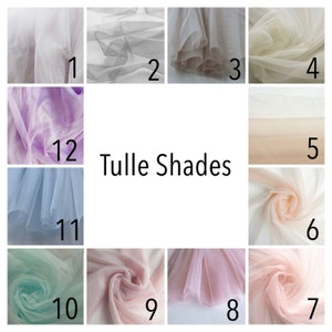 May include: A grid of twelve swatches of sheer tulle fabric in various colors, labeled with numbers 1 through 12. The center text reads Tulle Shades. The colors include white, gray, beige, light pink, lavender, light blue, and mint green.