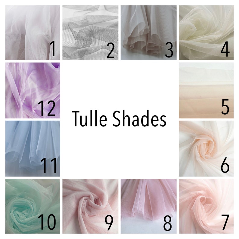 May include: A grid of twelve swatches of sheer tulle fabric in various colors, labeled with numbers 1 through 12. The center text reads Tulle Shades. The colors include white, gray, beige, light pink, lavender, light blue, and mint green.
