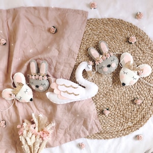 Hand Sewn Swan, Bunny, Mouse Garland | Elegant Nursery Decor