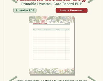 Animal Health Log Printable, Livestock Care Record PDF, Farm Animal Tracker