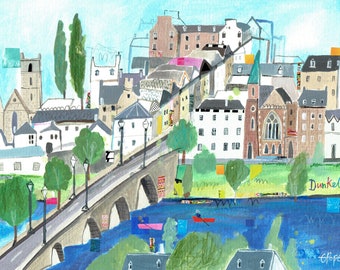 May include: A watercolor painting of a town with a bridge over a river. The town is made up of colorful buildings, including a church with a tall steeple. The river is blue and there are trees and green grass along the banks. The painting is titled "Dunkeld" and signed "Croft".
