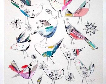 Original Bird Painting, Decorative Mixed Media Bird Art