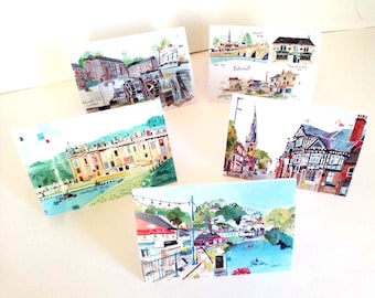 Cartes d'art du Derbyshire. Chatsworth, Bakewell, Chesterfield, Arkwrights Mill, Matlock. Jeu de cartes Derbyhsire. Collection de cartes Derbyshire