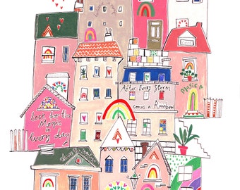 Rainbow Houses Art Print, Rainbow Art, Rainbows 2020, Stay Safe Rainbows, Stay Safe Art, Rainbows of Hope