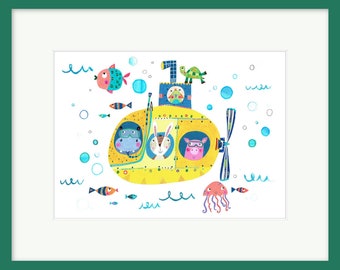 Yellow Submarine Print. Yellow Submarine Nursery Print, Nursery Decor, Nursery Poster, Playroom Print, Kids Print, fun print, Kids Print