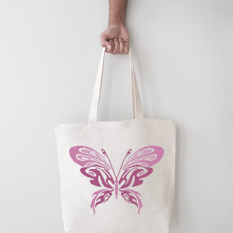 Butterfly Cross Stitch Pattern PDF Primitive Digital DIY Home Decor Chart Bright Pink Colorful Insect Easy 3 Color Xstitch Ornament