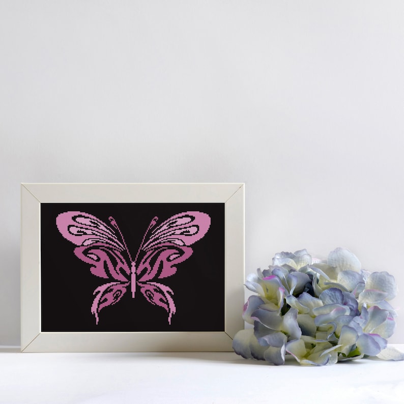 Butterfly Cross Stitch Pattern PDF Primitive Digital DIY Home Decor Chart Bright Pink Colorful Insect Easy 3 Color Xstitch Ornament