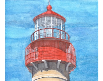 May include: A watercolor painting of a red and white lighthouse against a blue sky. The lighthouse is tall and has a white tower with a red roof. The text "Top of the Cape CAPE MAY POINT, NJ" is at the bottom of the painting.