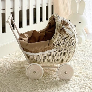 Rieten kinderwagen, rieten poppenwagen, rieten poppenwagen, natuurlijke poppenwagen, Willow Doll kinderwagen, poppenwagen, perfect cadeau afbeelding 3