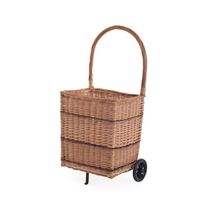 Wicker Fireplace Basket on Wheels, Firewood Roller Basket, Rectangular Basket, Natural Color Wicker with Decorative Wicker Stripes