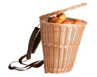 Sac à dos en osier pour ramasser les fruits avec couvercle, fait main, produit écologique, artisanat, osier couleur naturelle