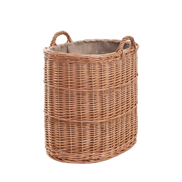 Fireplace Basket, Firewood Basket, High Oval Basket, Natural Color Wicker with Decorative Wicker Stripes, Wood Storage