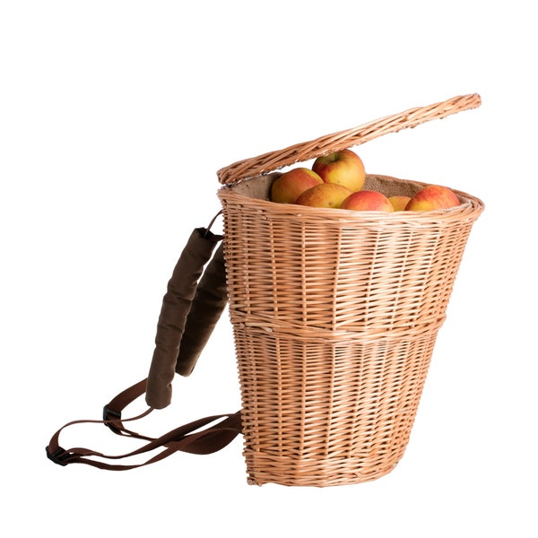 Wicker Backpack Continer für das Sammeln von Früchten mit Deckel, Hanadmade, ökologisches Produkt, Kunsthandwerk, natürliche Farbe Wicker