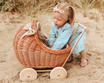 Handgemaakte natuurlijke rieten kinderwagen, rieten poppenwagen, rieten poppenwagen, natuurlijke poppenwagen, rieten wilgenpop kinderwagen, idee cadeau