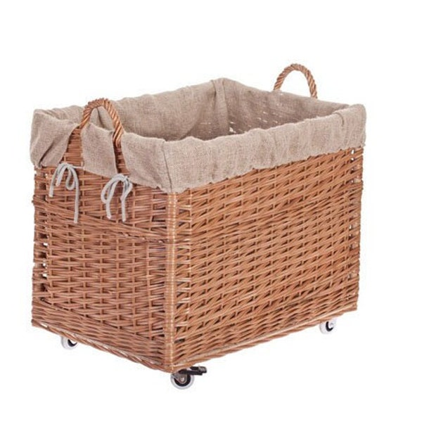 Rustic Home Storage, Basket with Linen, Rectangular Basket on Wheels, Natural Wicker, Wood Storage, Rustic Home Sccessories